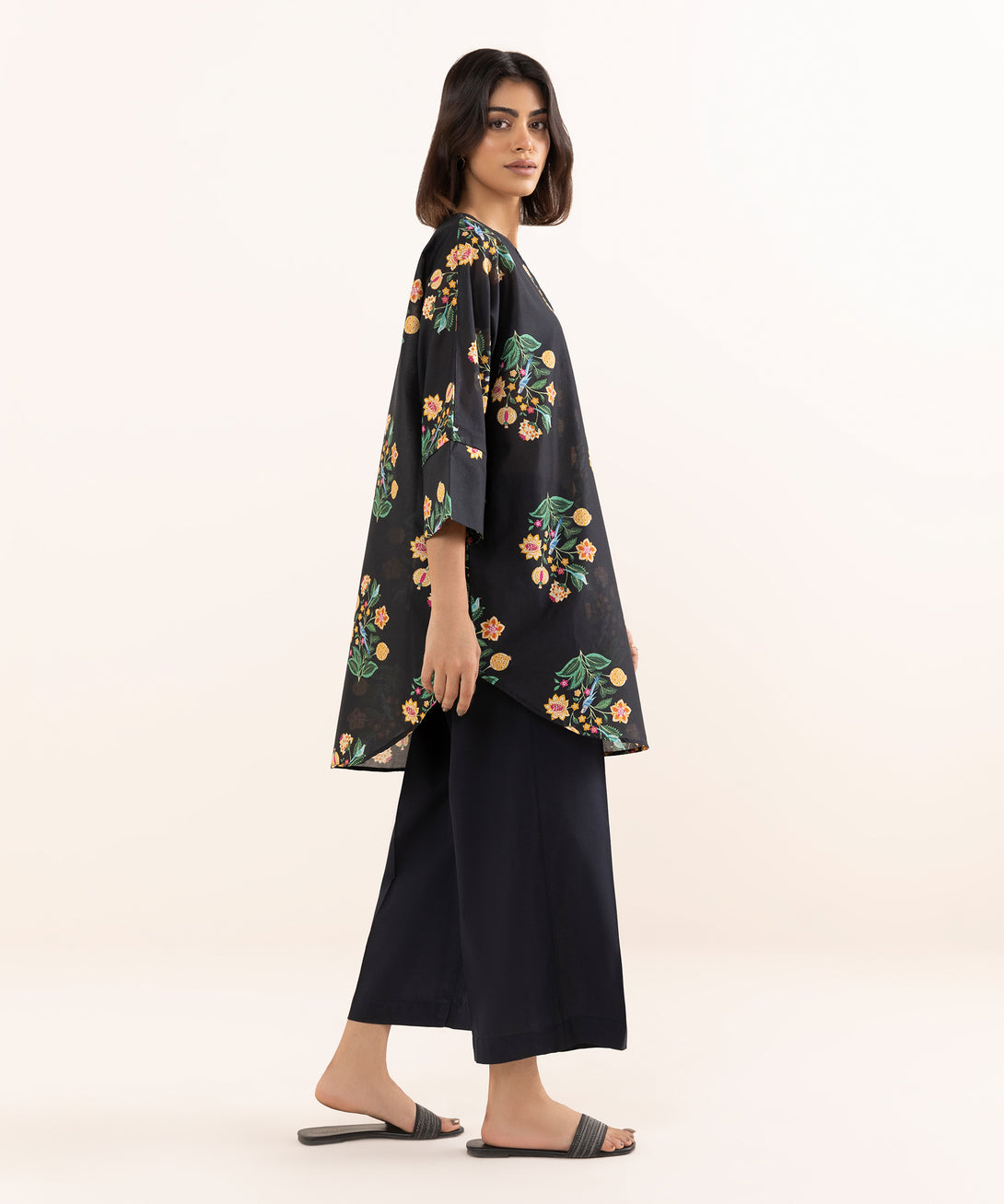 Women's RTW Lawn Black Printed Drop Shoulder Shirt