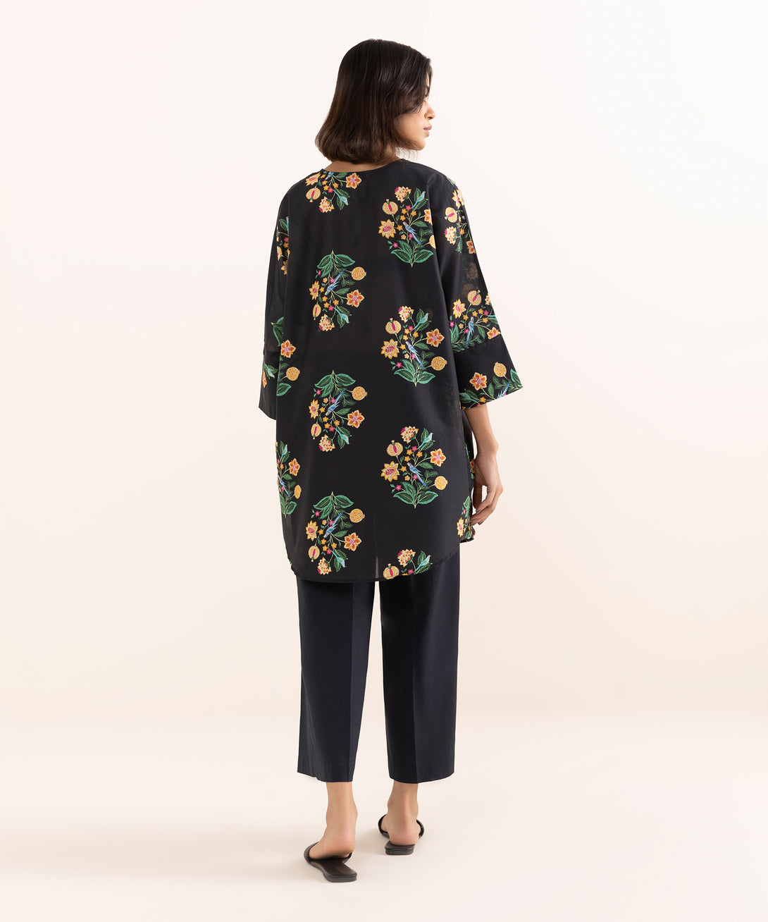 Women's RTW Lawn Black Printed Drop Shoulder Shirt