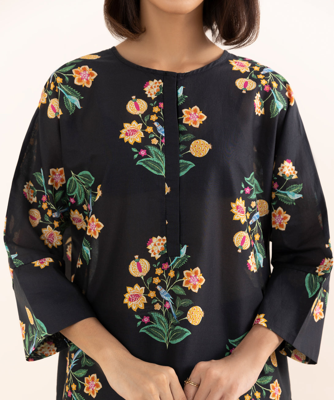 Women's RTW Lawn Black Printed Drop Shoulder Shirt
