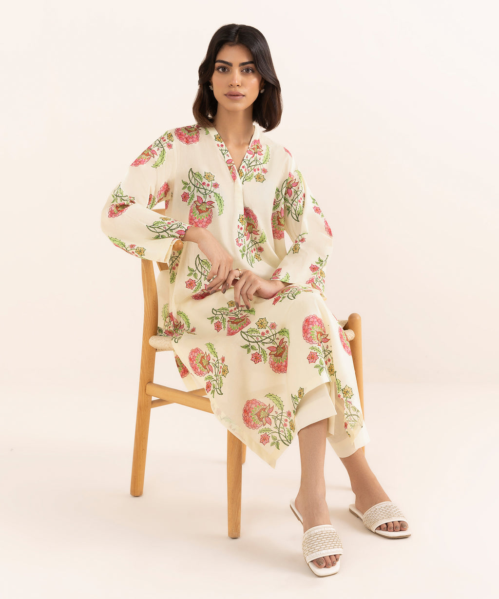 Women's RTW Lawn Off White Printed A-Line Shirt