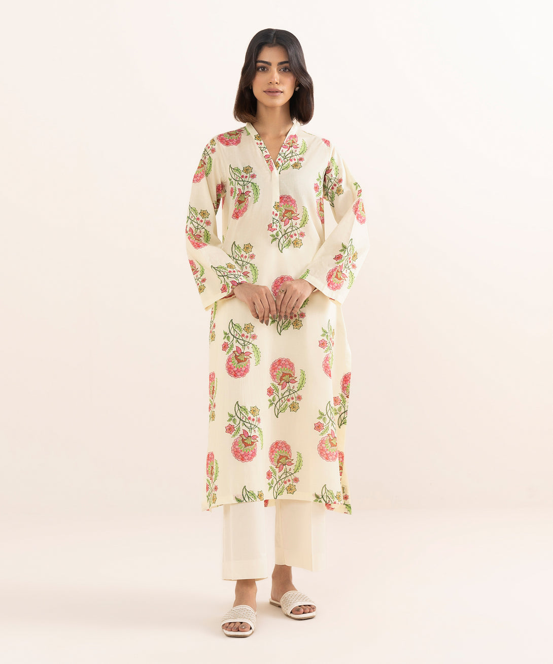 Women's RTW Lawn Off White Printed A-Line Shirt