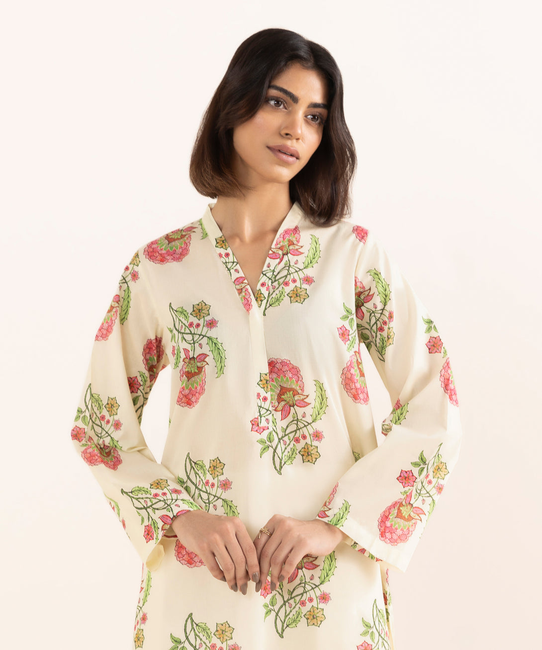 Women's RTW Lawn Off White Printed A-Line Shirt