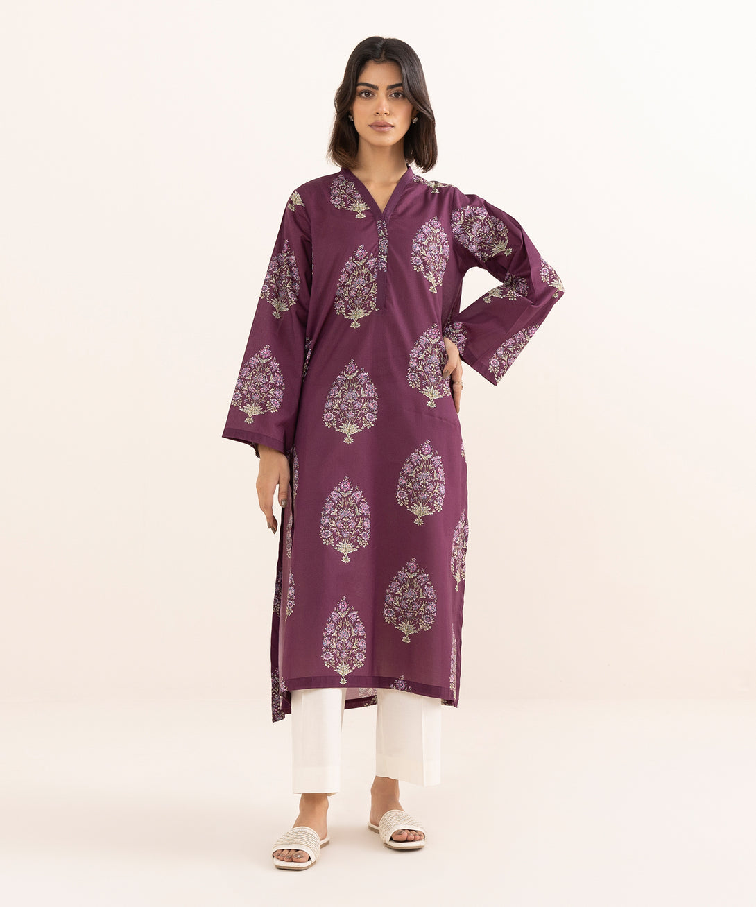 Women's RTW Lawn Purple Printed A-Line Shirt
