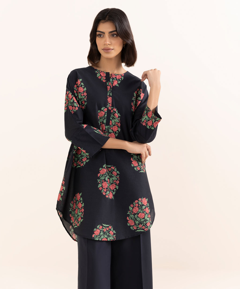 Women's RTW Lawn Black Printed Drop Shoulder Shirt