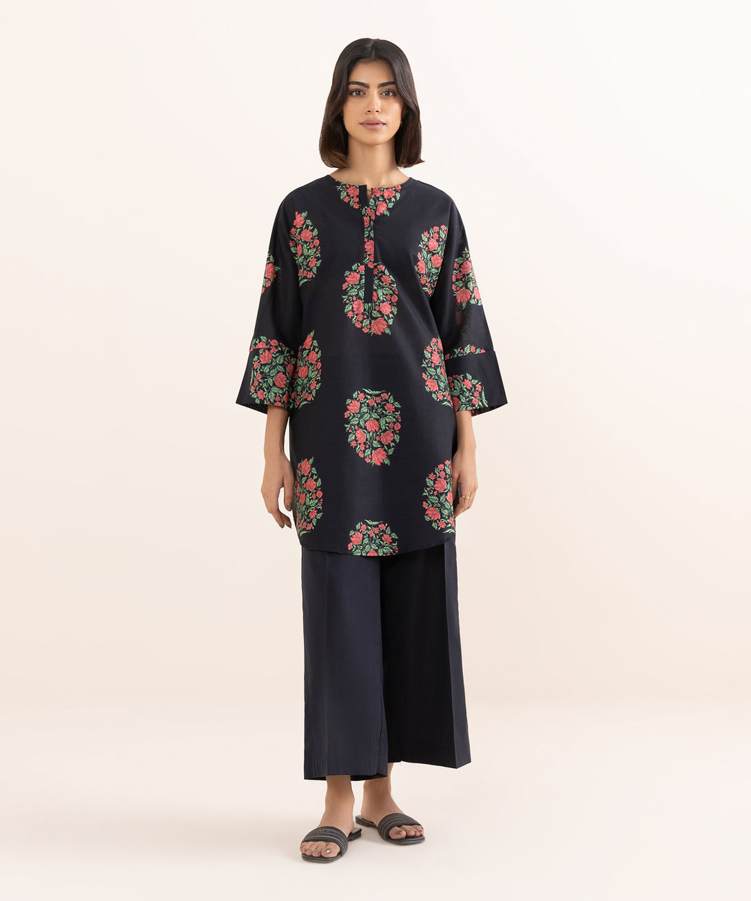 Women's RTW Lawn Black Printed Drop Shoulder Shirt