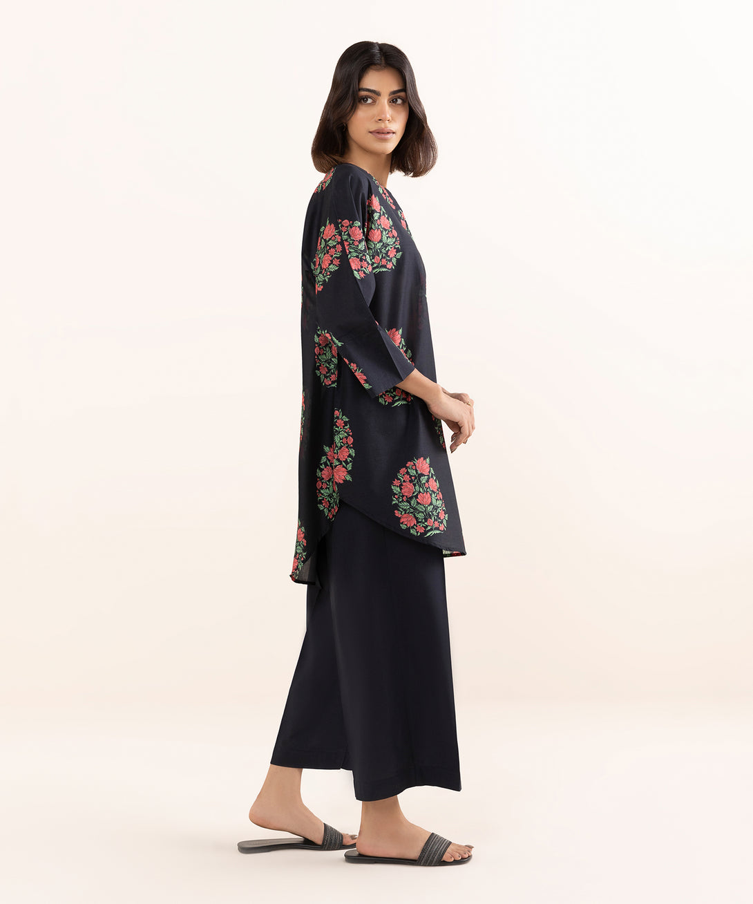 Women's RTW Lawn Black Printed Drop Shoulder Shirt