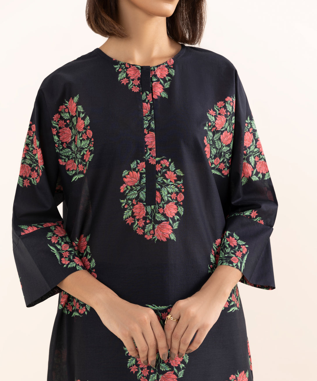 Women's RTW Lawn Black Printed Drop Shoulder Shirt