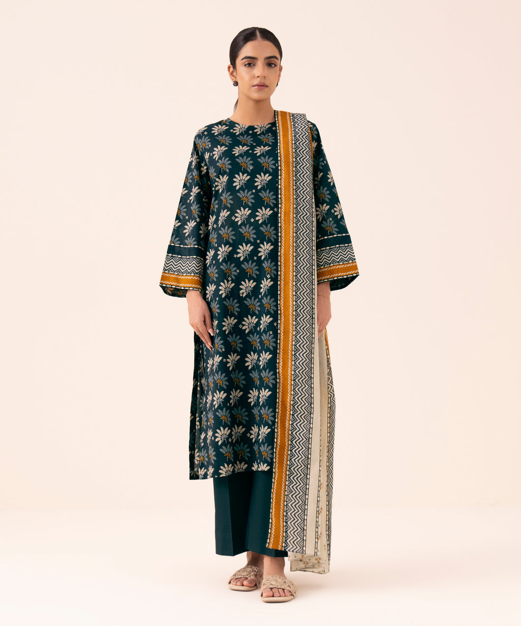 Women's Unstitched Cotton Printed Multi Three Piece Suit