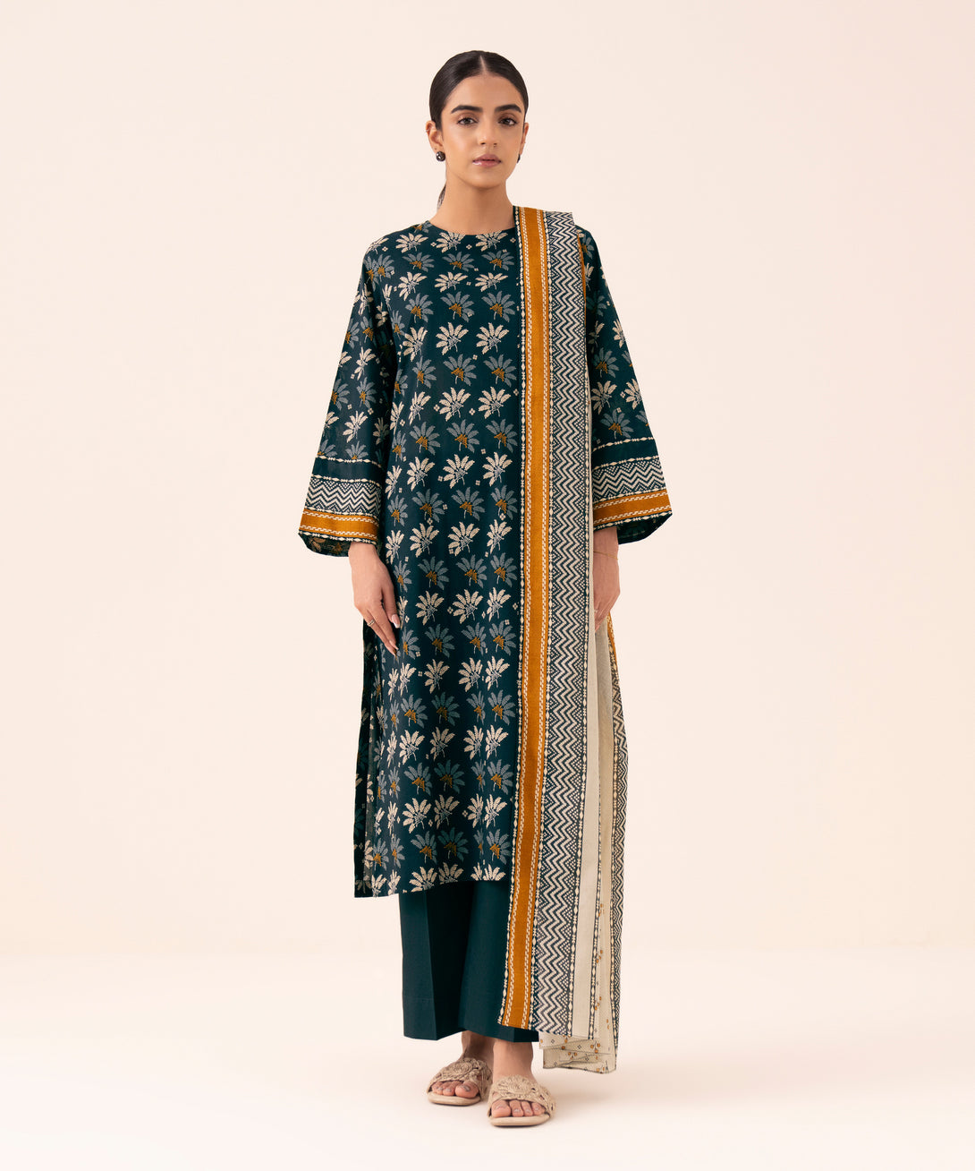 Women's Unstitched Cotton Printed Multi Three Piece Suit