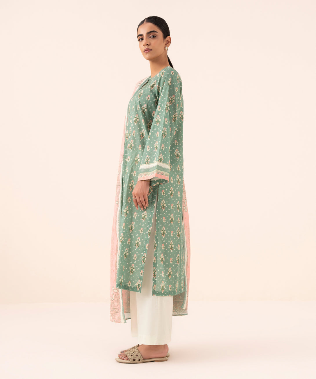 Women's Unstitched Cotton Printed Pink Three Piece Suit