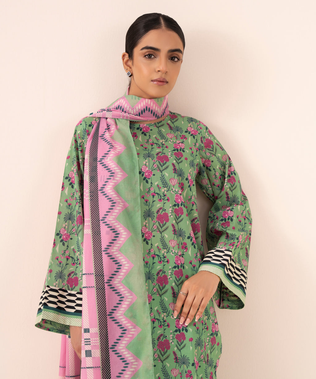 Women's Unstitched Cotton Printed Green Three Piece Suit