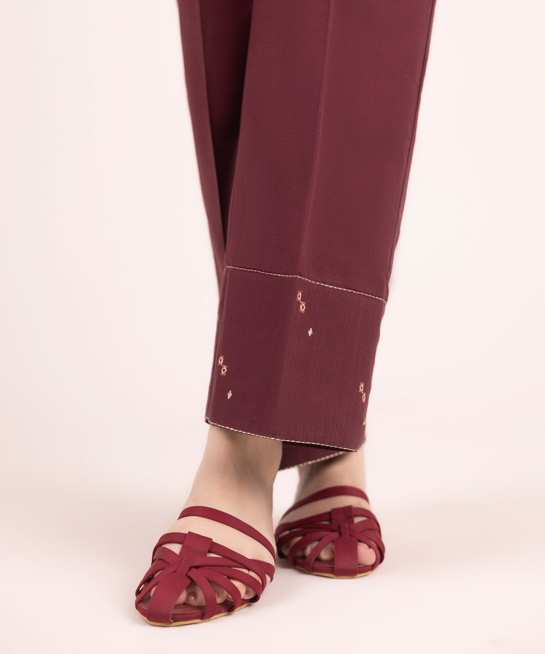 Women's RTW Cotton Embroidered Brown Straight Pants
