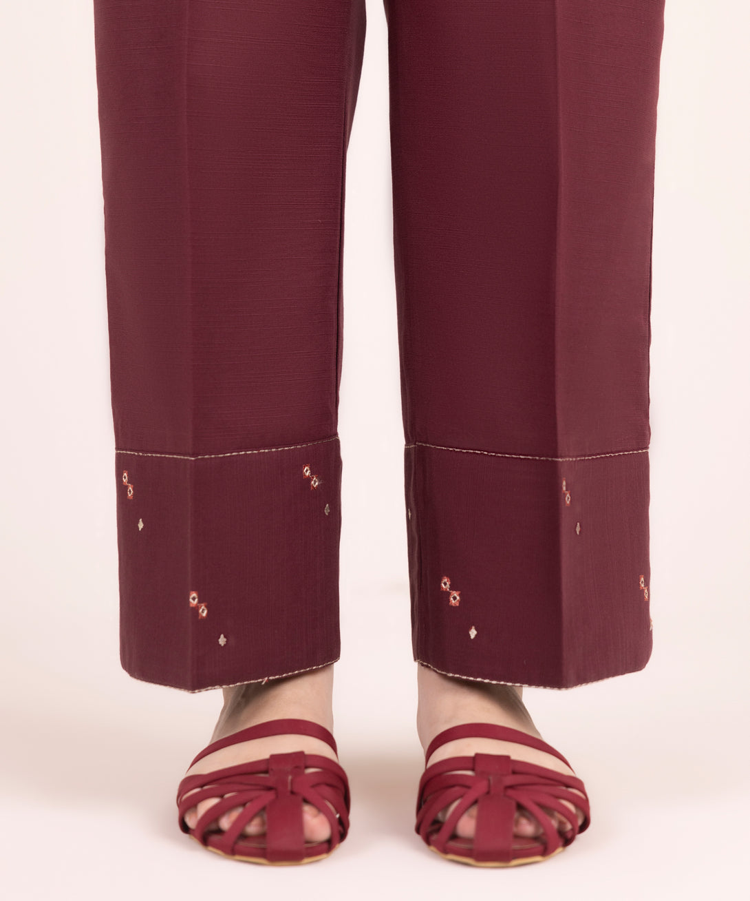 Women's RTW Cotton Embroidered Brown Straight Pants