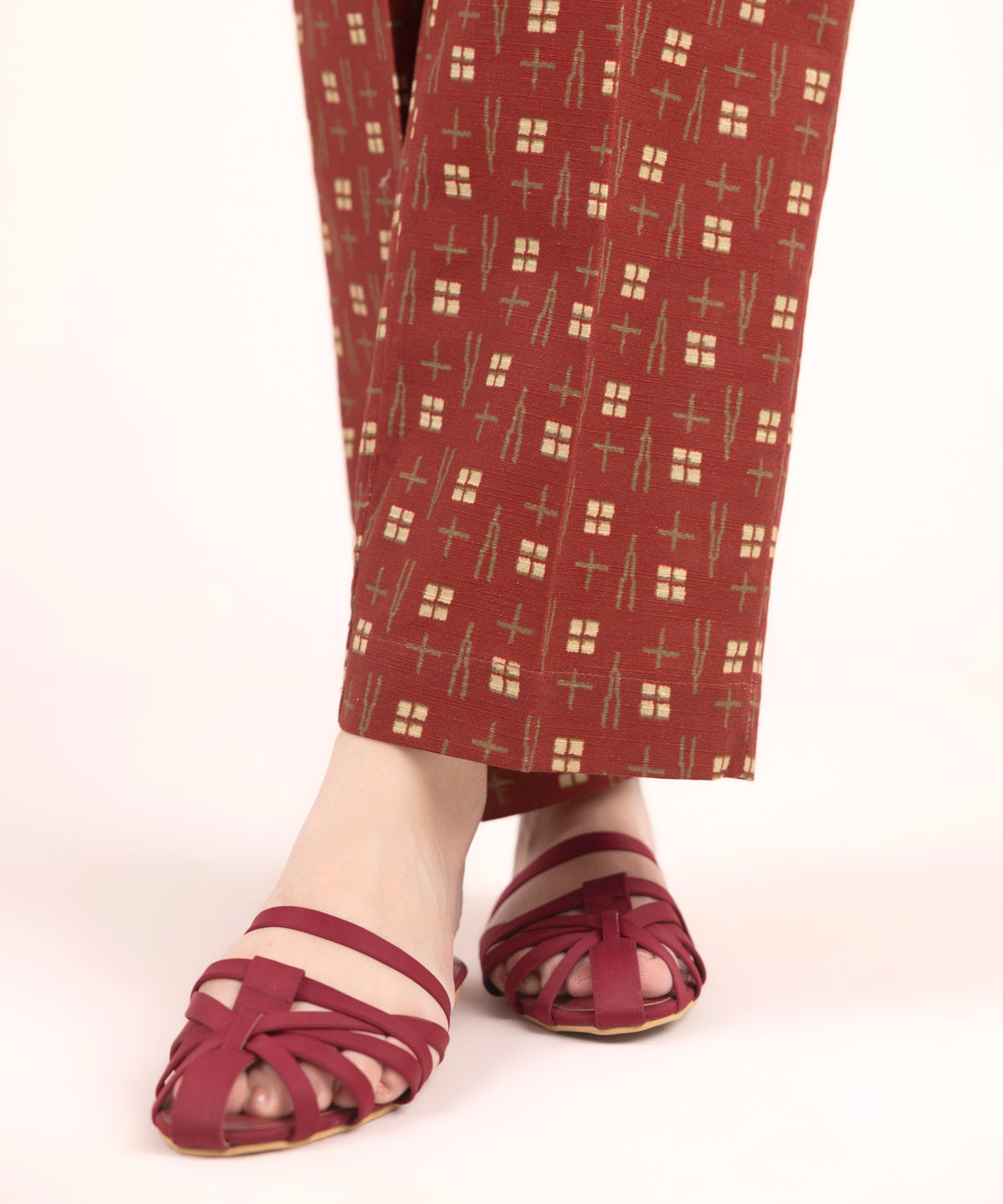Women's RTW Cotton Printed Maroon Straight Pants