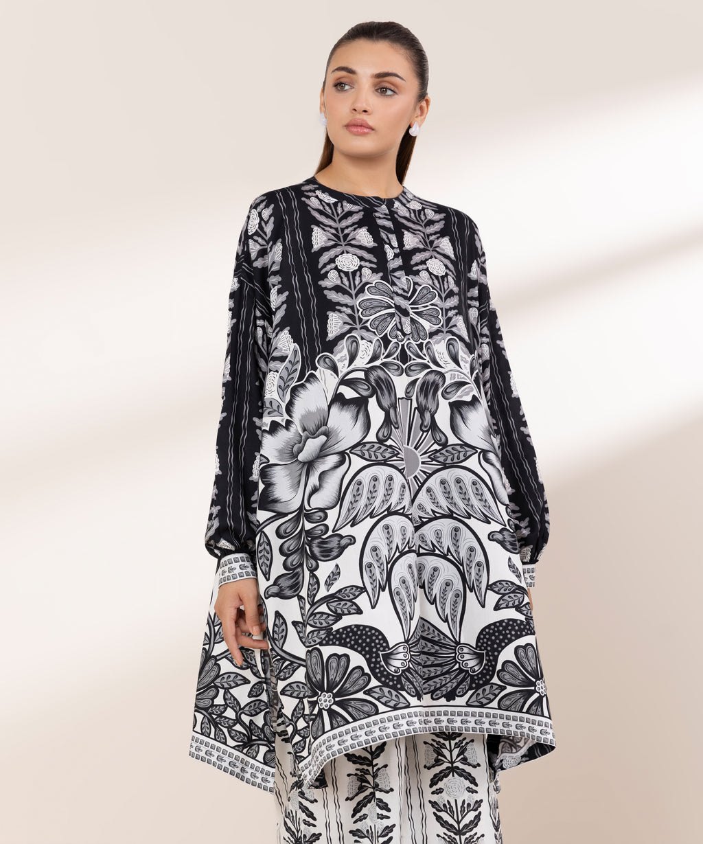 Women's RTW Arabic Lawn Black Printed Drop Shoulder Shirt