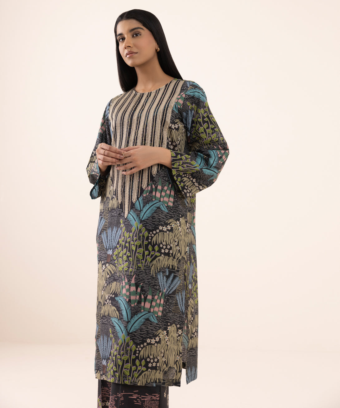 Women's RTW Texured Lawn Black Printed Aline Shirt
