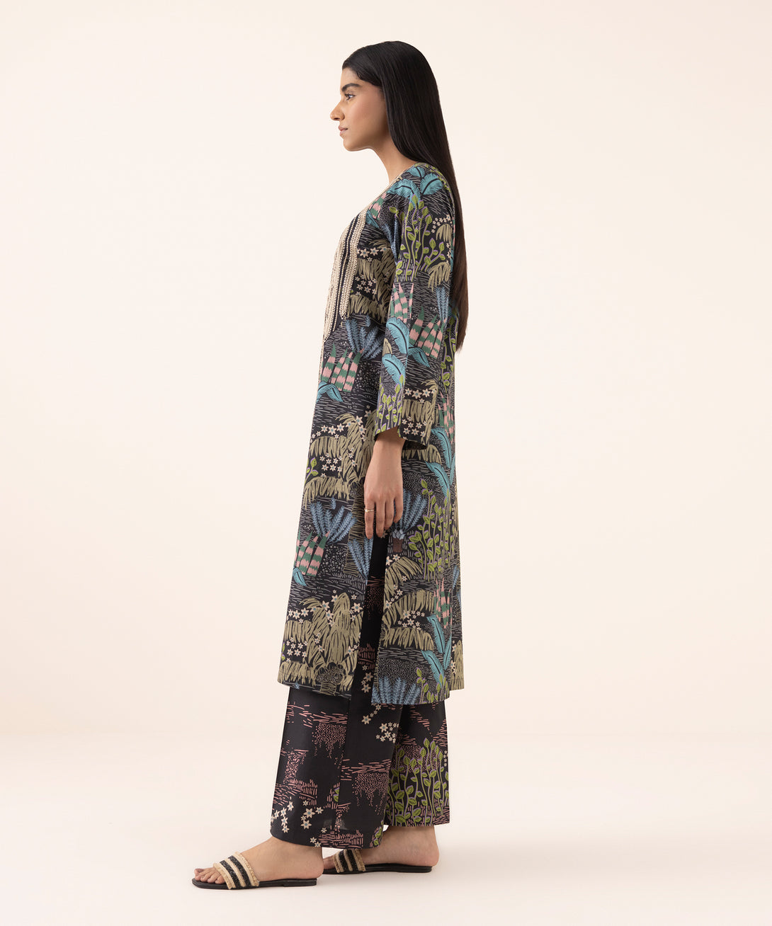 Women's RTW Texured Lawn Black Printed Aline Shirt
