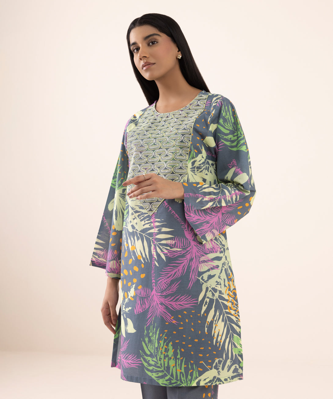 Women's RTW Texured Lawn Grey Printed Aline Shirt