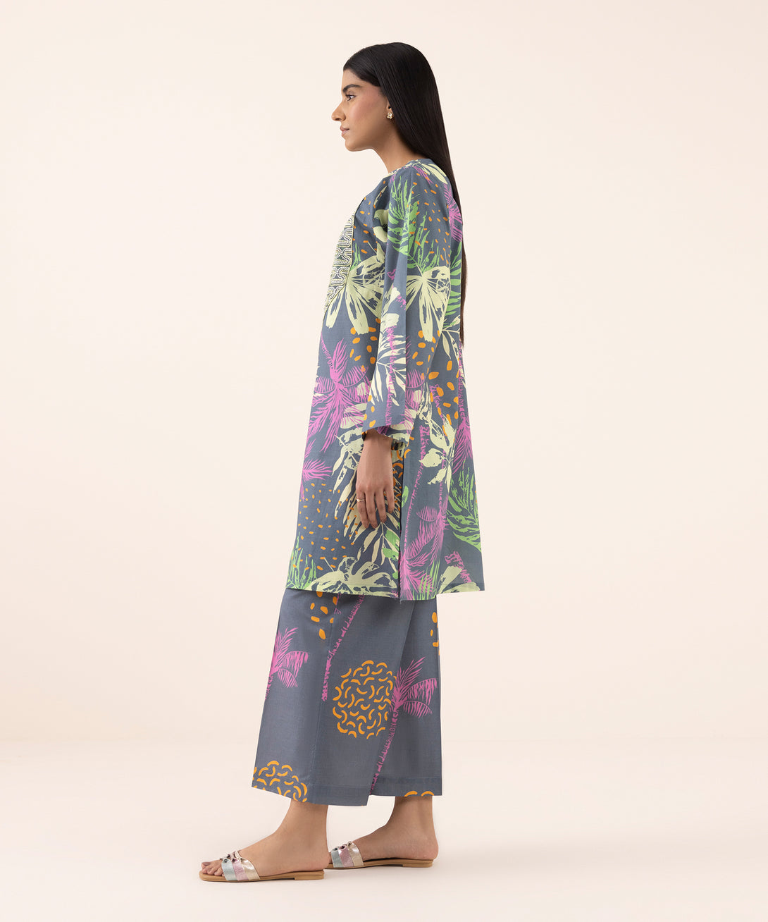 Women's RTW Texured Lawn Grey Printed Aline Shirt