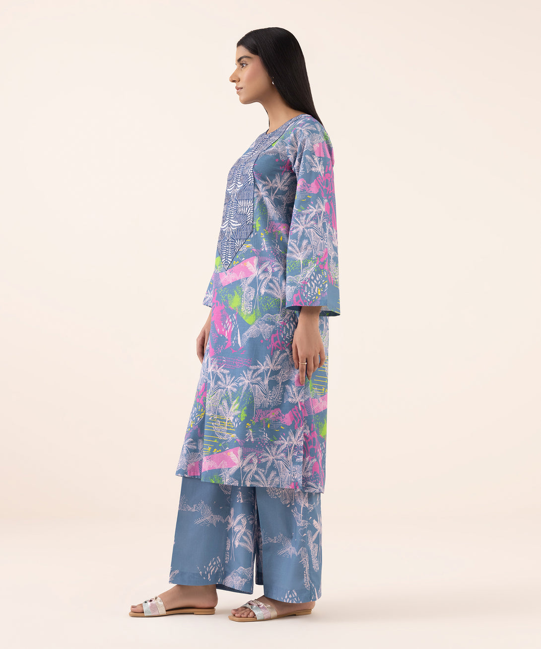 Women's RTW Texured Lawn Blue Printed Aline Shirt
