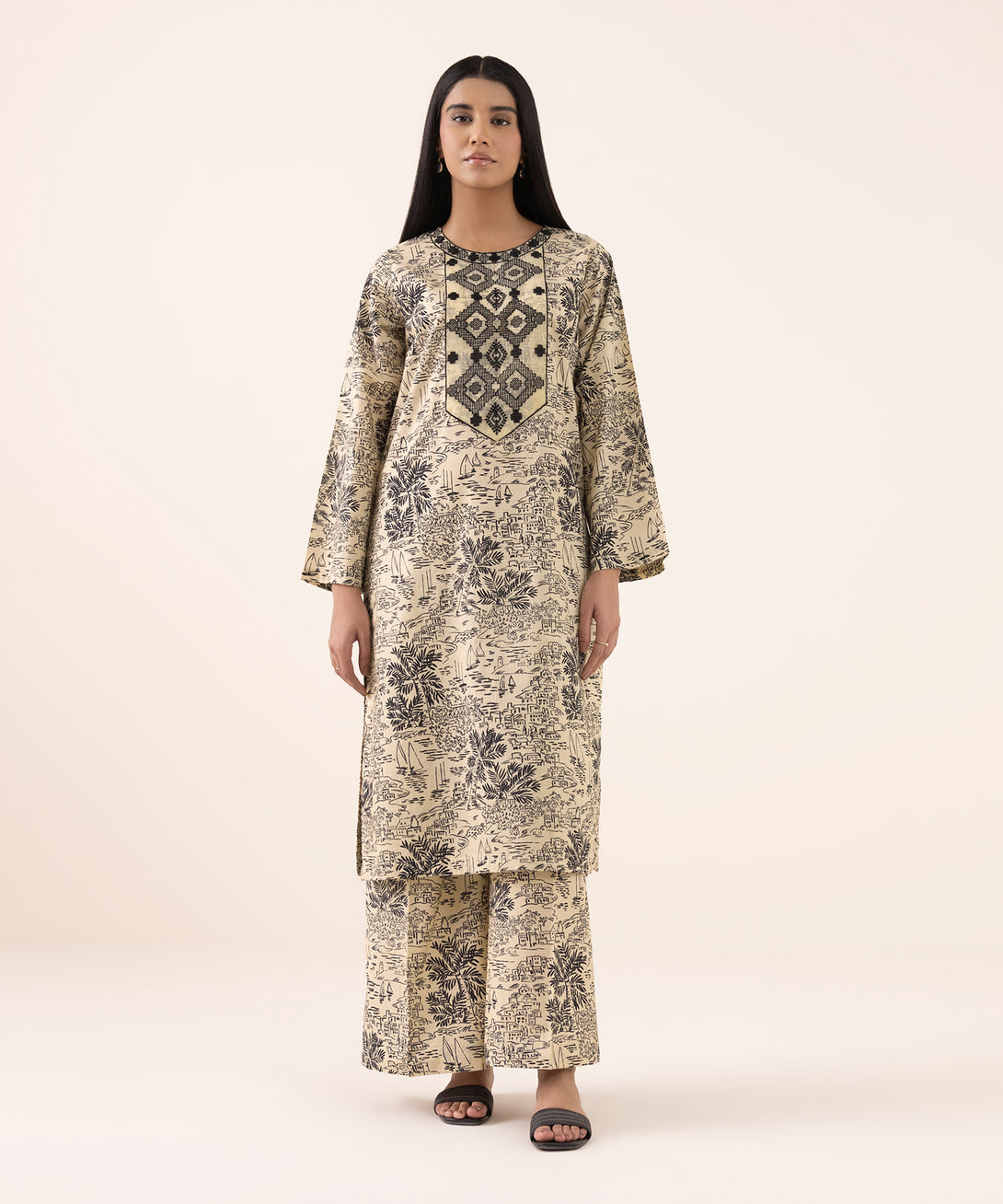 Women's RTW Texured Lawn Beige Printed Aline Shirt