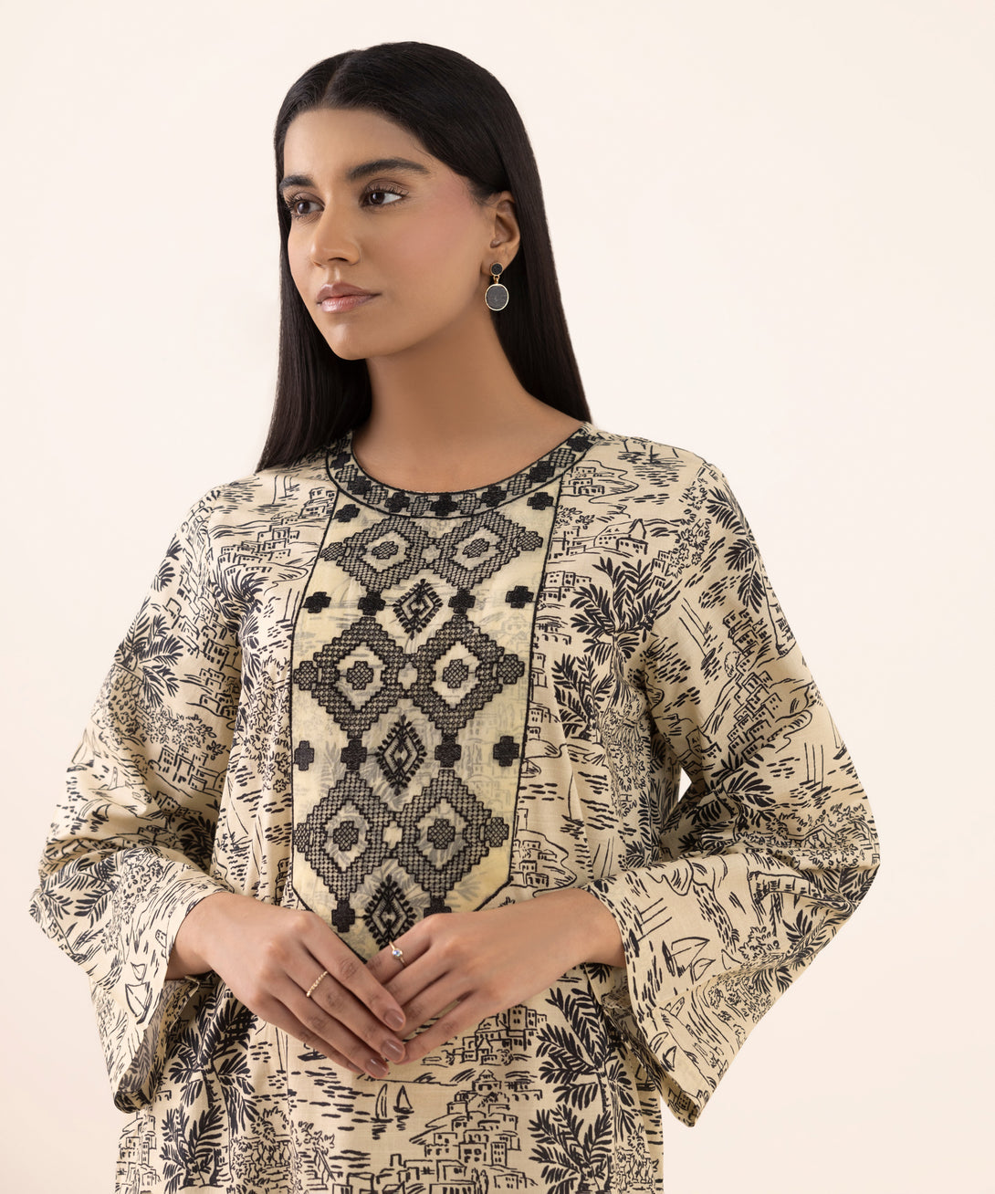 Women's RTW Texured Lawn Beige Printed Aline Shirt