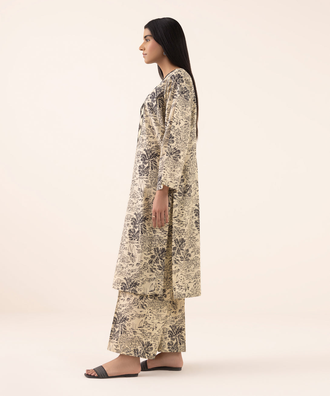 Women's RTW Texured Lawn Beige Printed Aline Shirt