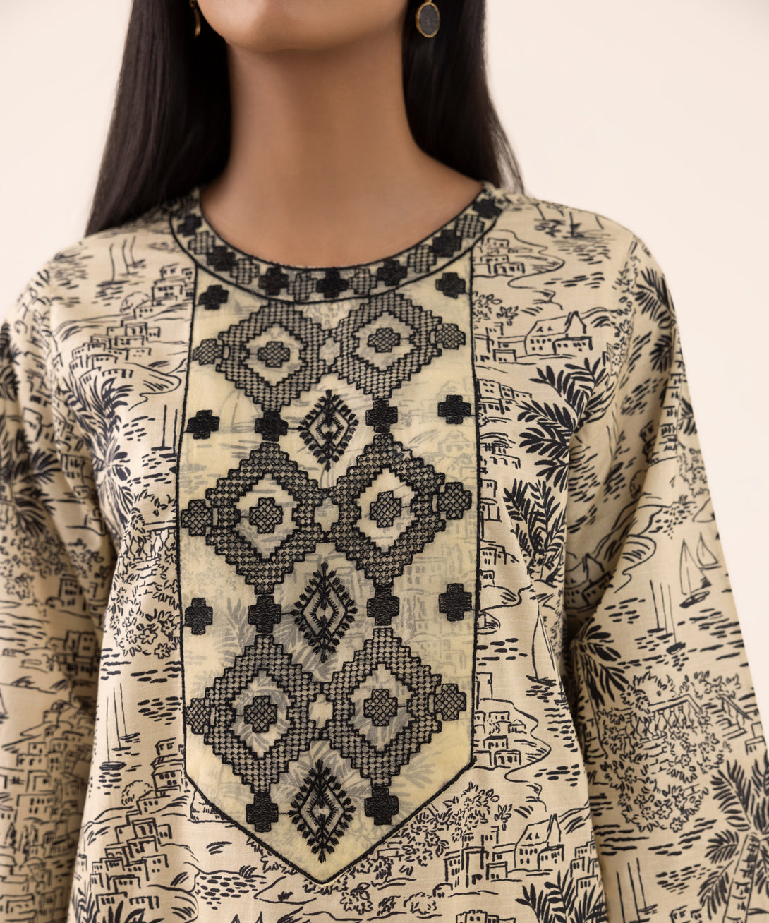 Women's RTW Texured Lawn Beige Printed Aline Shirt