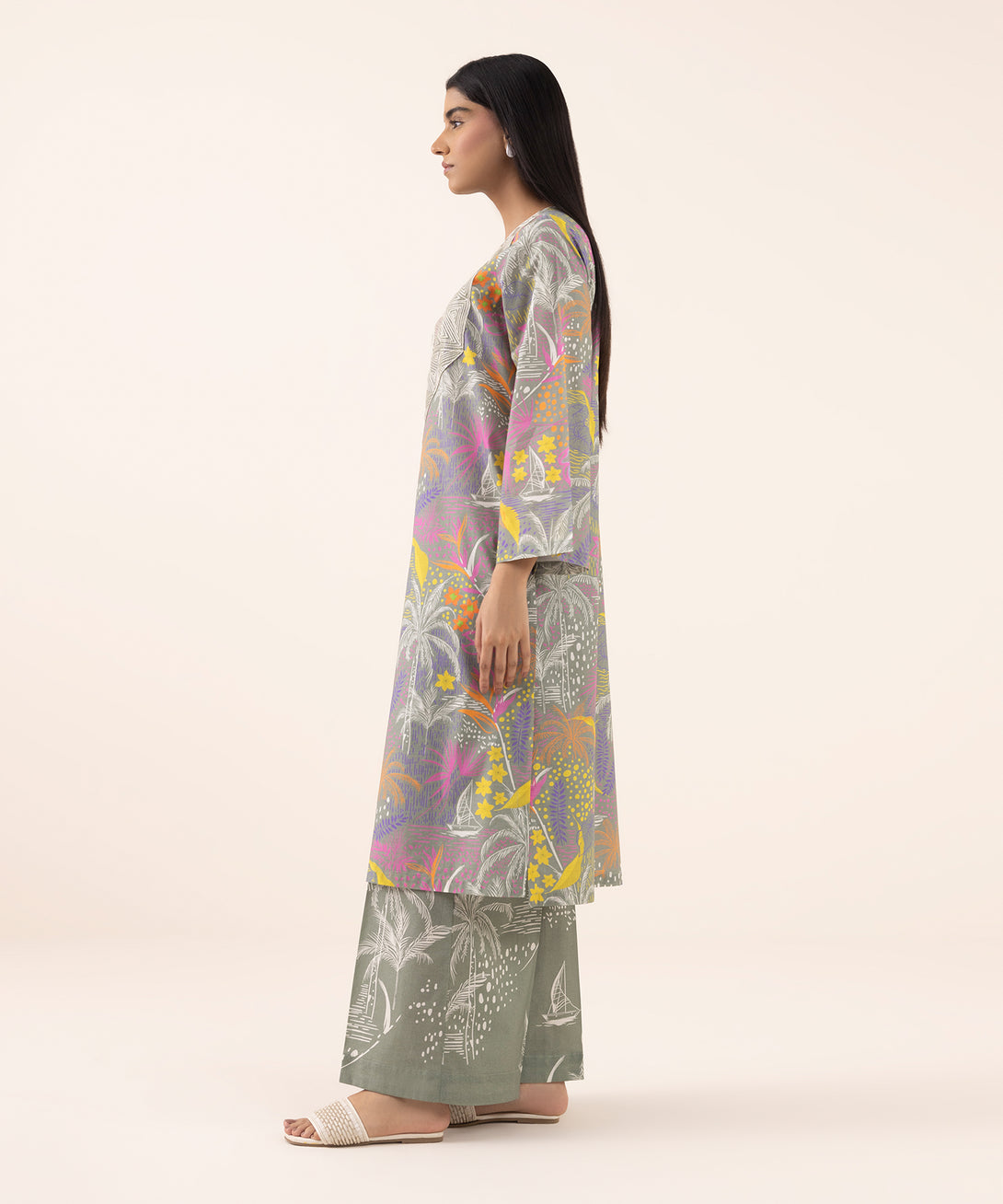 Women's RTW Texured Lawn Grey Printed Aline Shirt