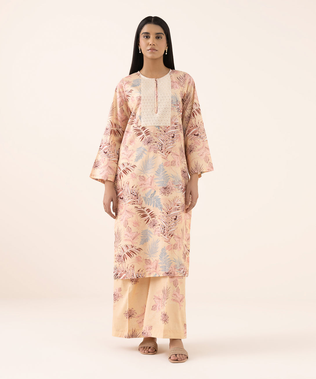 Women's RTW Texured Lawn Peach Printed Aline Shirt