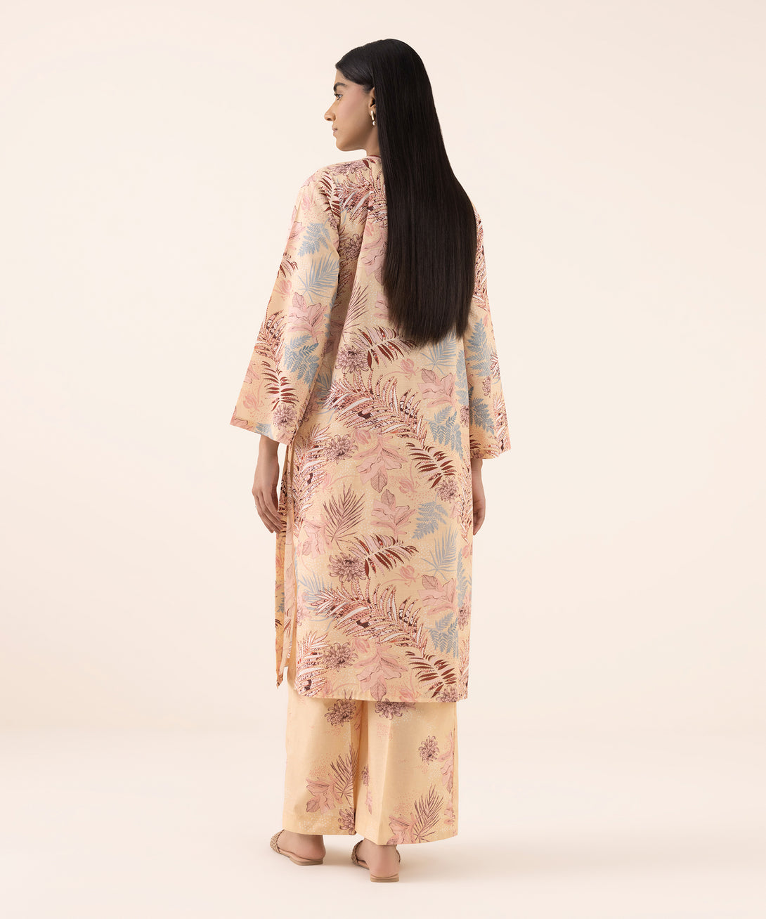 Women's RTW Texured Lawn Peach Printed Aline Shirt