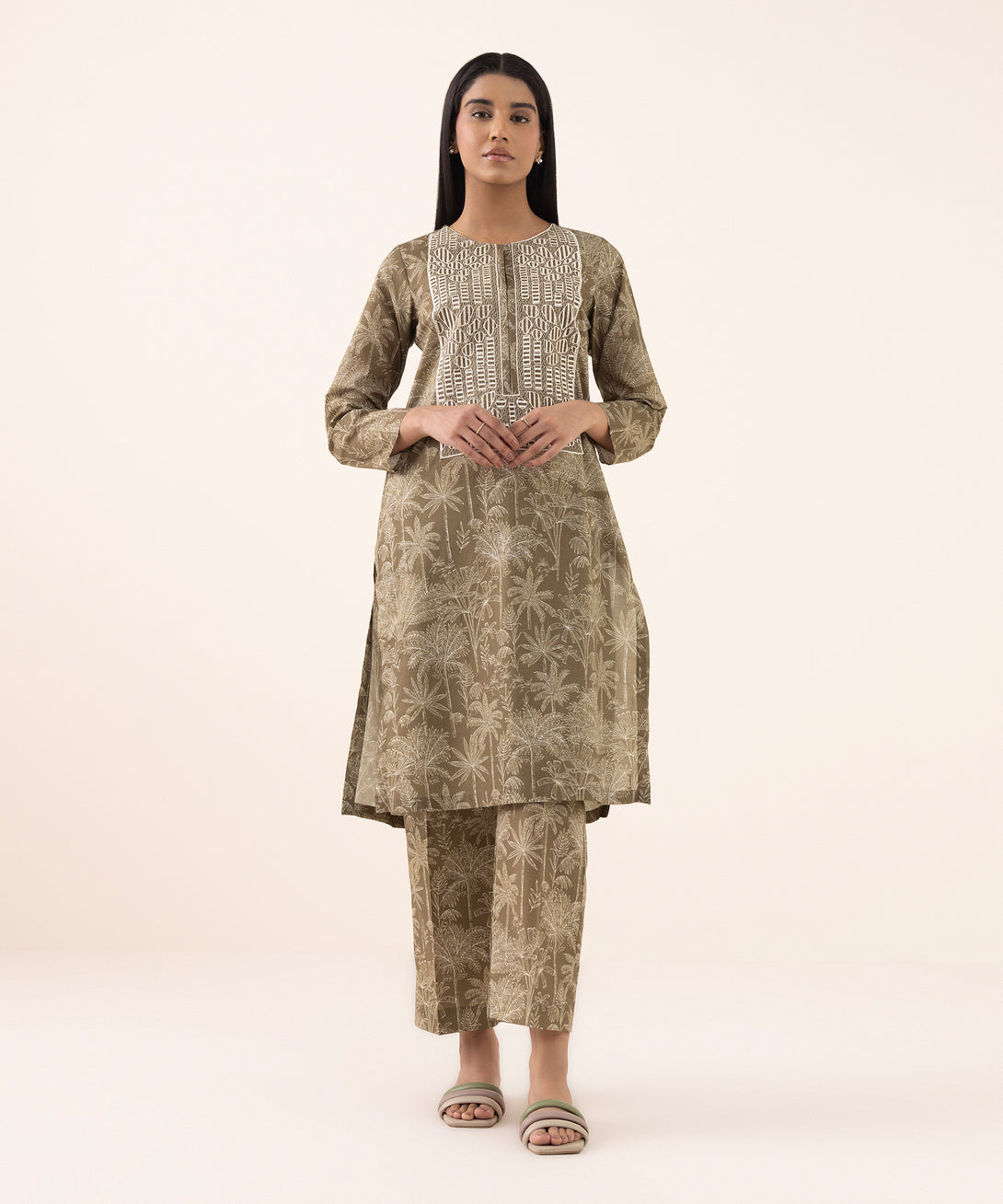 Women's RTW Texured Lawn Brown Printed Aline Shirt