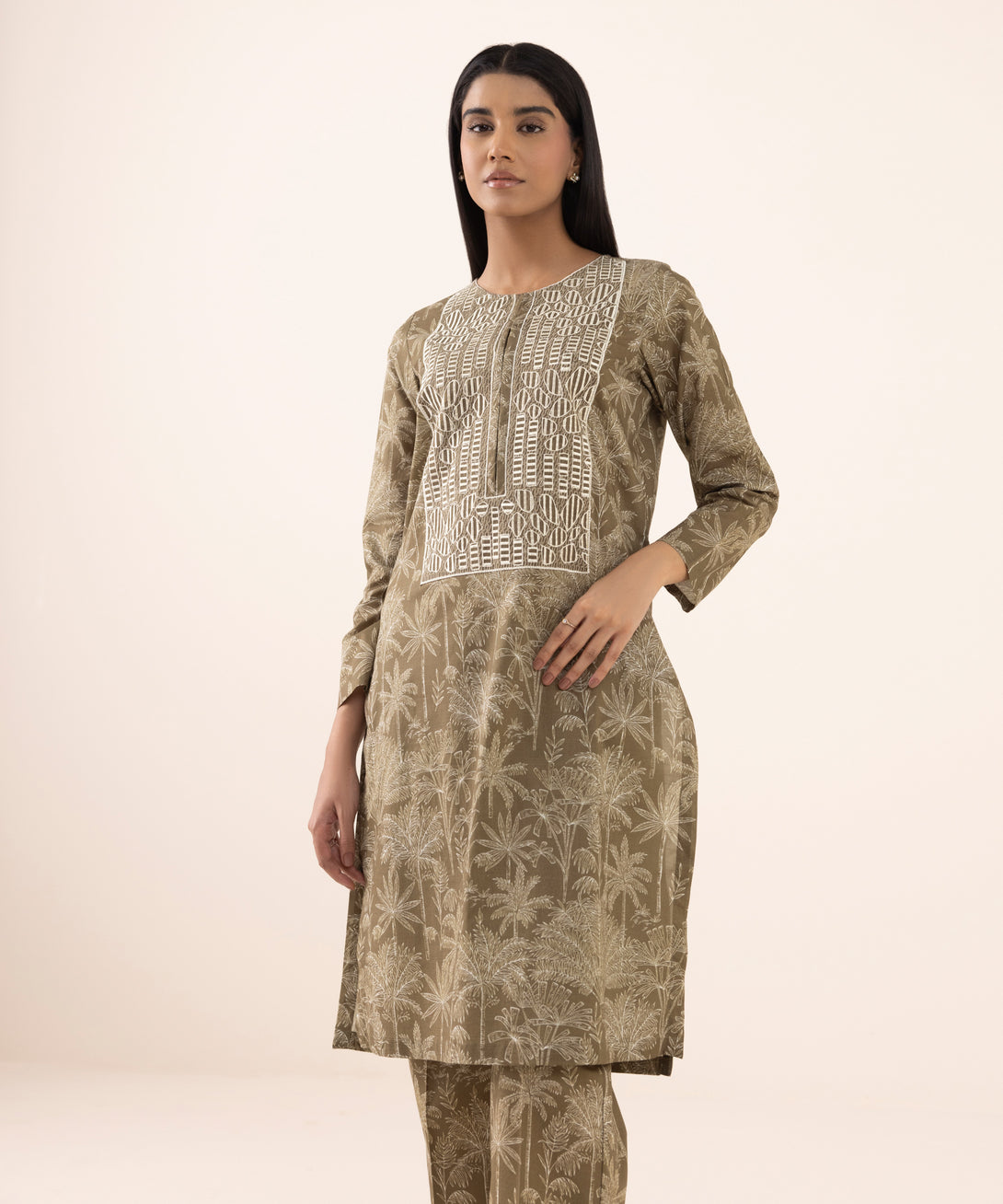 Women's RTW Texured Lawn Brown Printed Aline Shirt