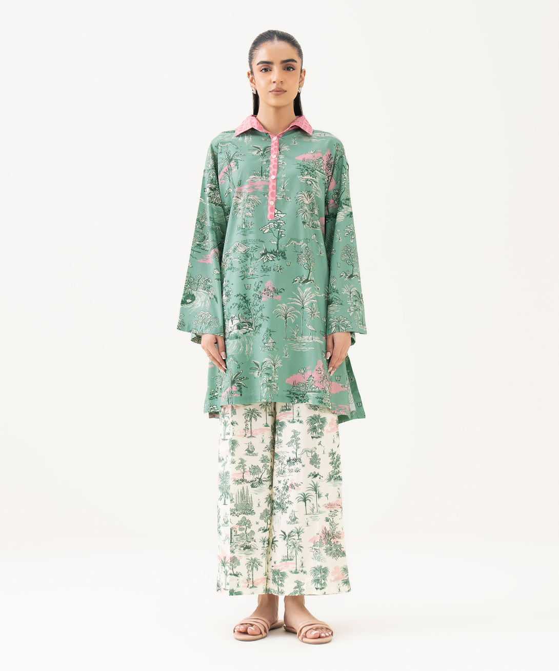 Women's RTW Lawn Printed Green Drop Shoulder Shirt