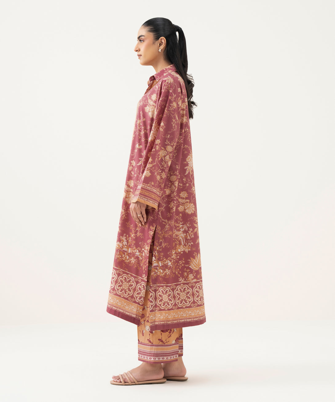 Women's RTW Lawn Printed Pink Drop Shoulder Shirt