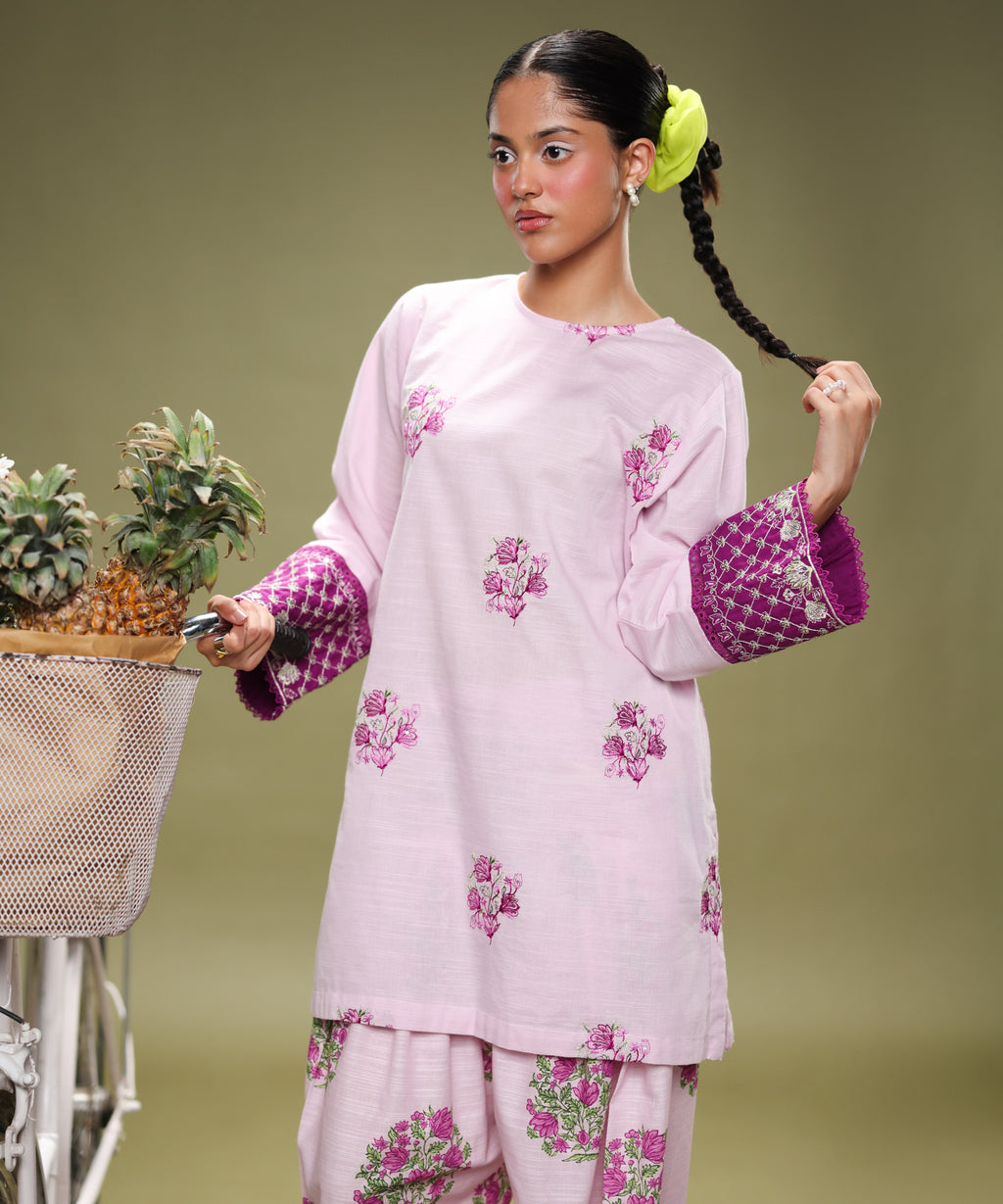 Women's RTW Light Khaddar Purple Embroidered Boxy Shirt