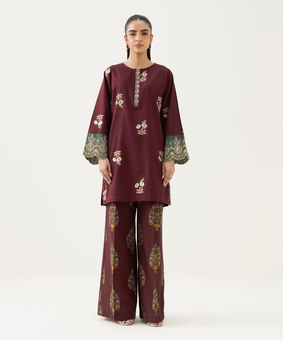 Women's RTW Light Khaddar Red Embroidered Straight Shirt
