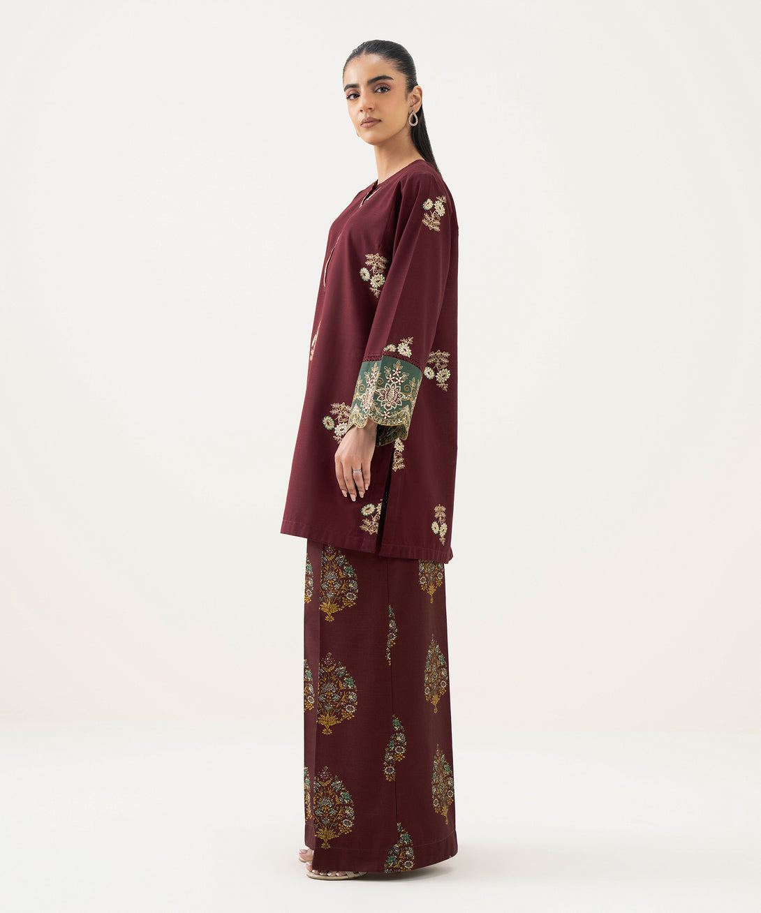 Women's RTW Light Khaddar Red Embroidered Straight Shirt