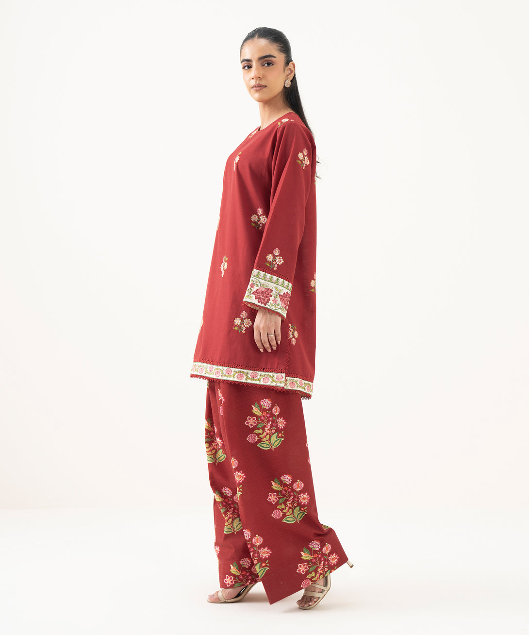 Women's RTW Light Khaddar Embroidered Red Straight Shirt