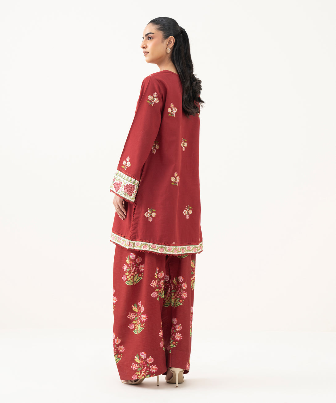 Women's RTW Light Khaddar Embroidered Red Straight Shirt