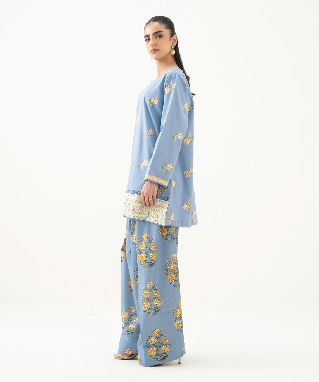 Women's RTW Light Khaddar Blue Embroidered Boxy Shirt
