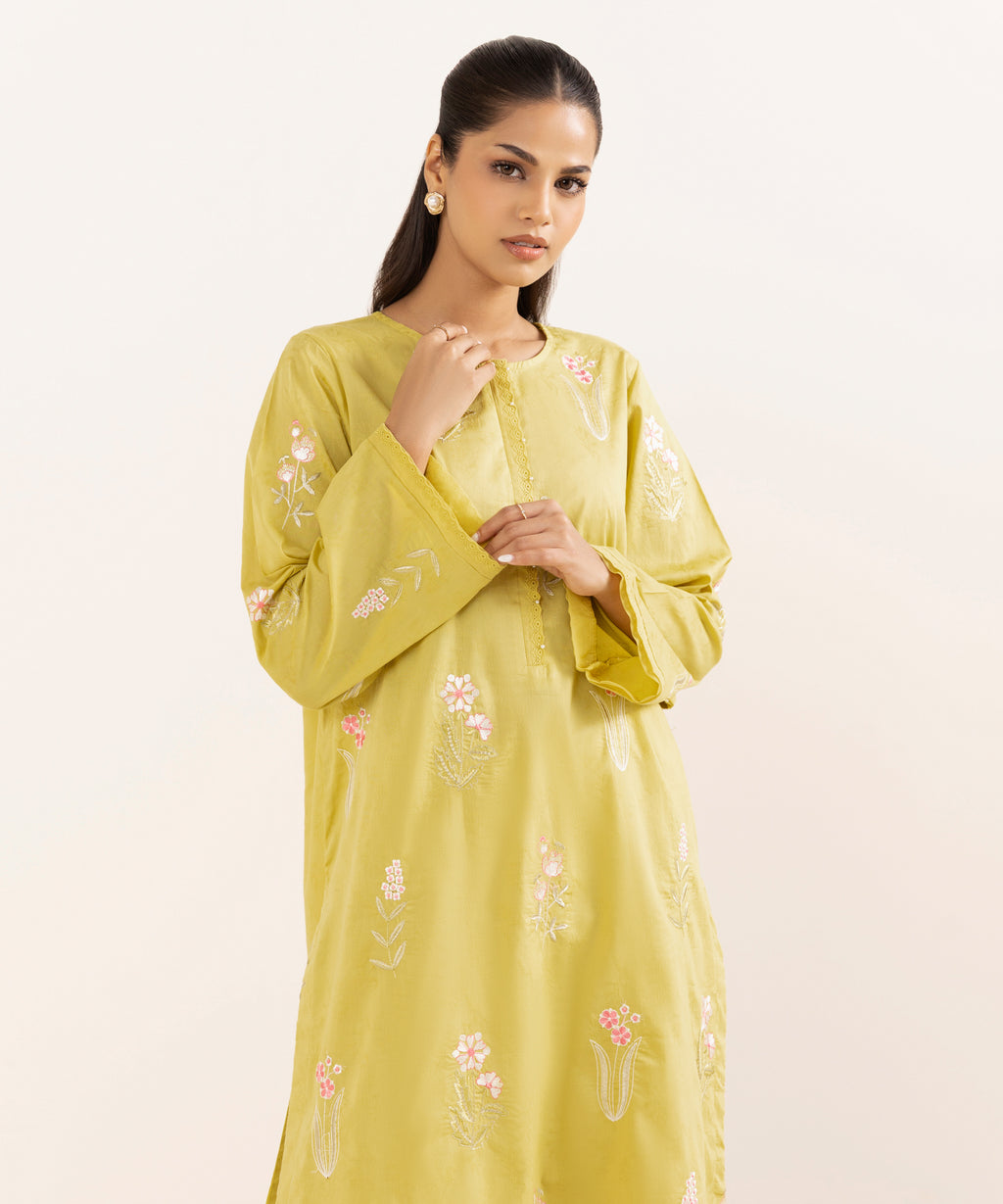 Women's RTW Cotton Jacquard Yellow Embroidered A-Line Shirt
