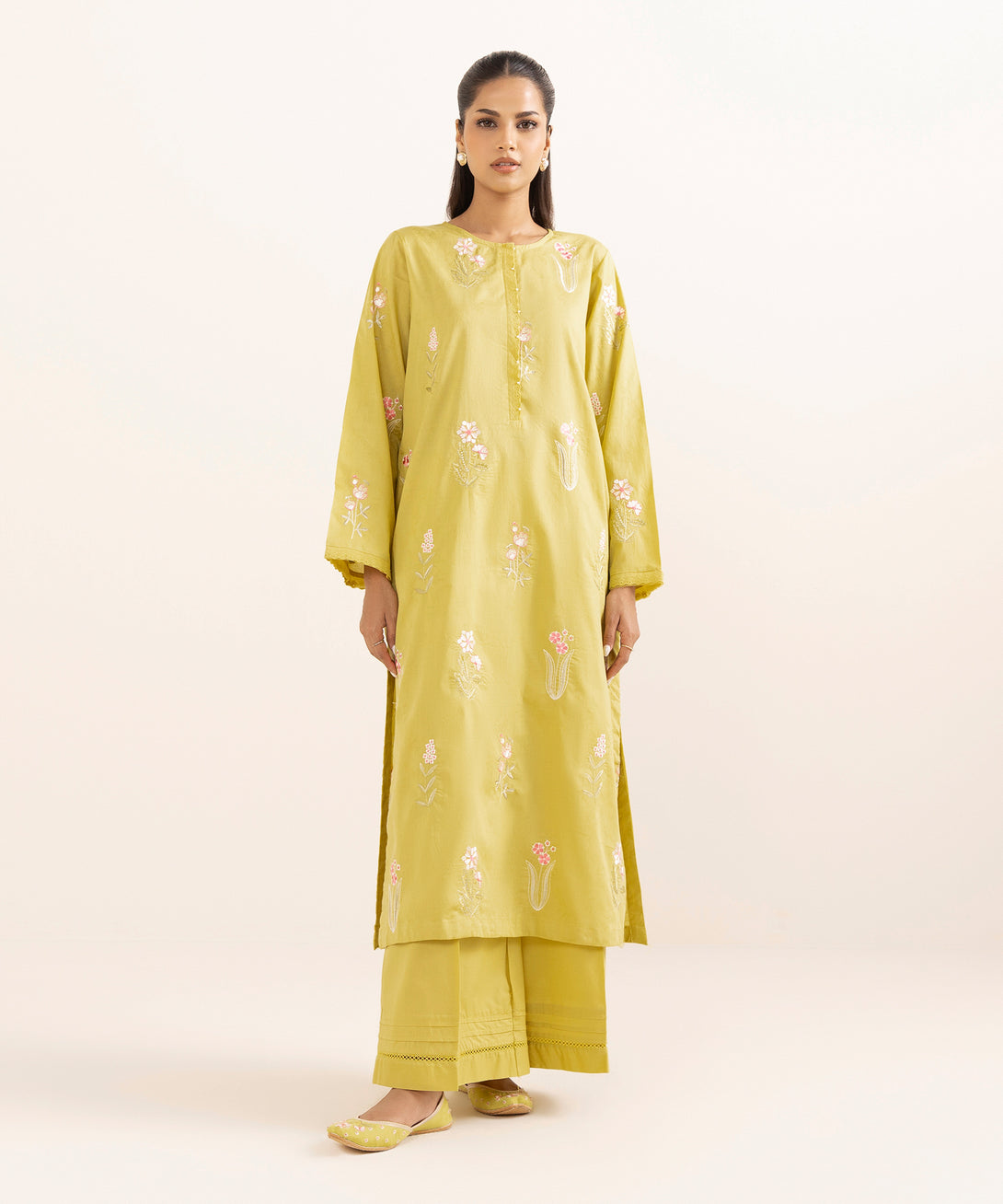 Women's RTW Cotton Jacquard Yellow Embroidered A-Line Shirt