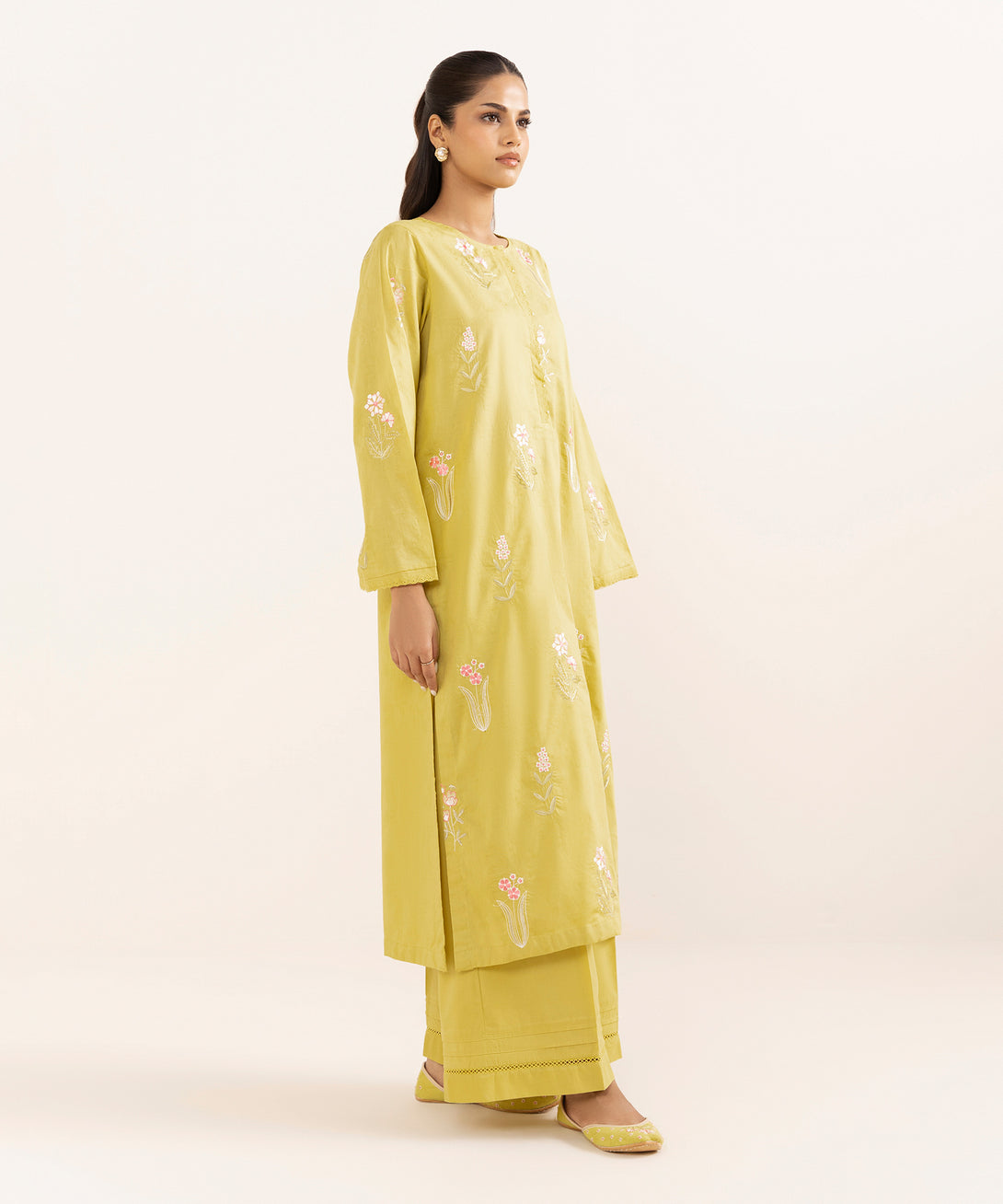 Women's RTW Cotton Jacquard Yellow Embroidered A-Line Shirt