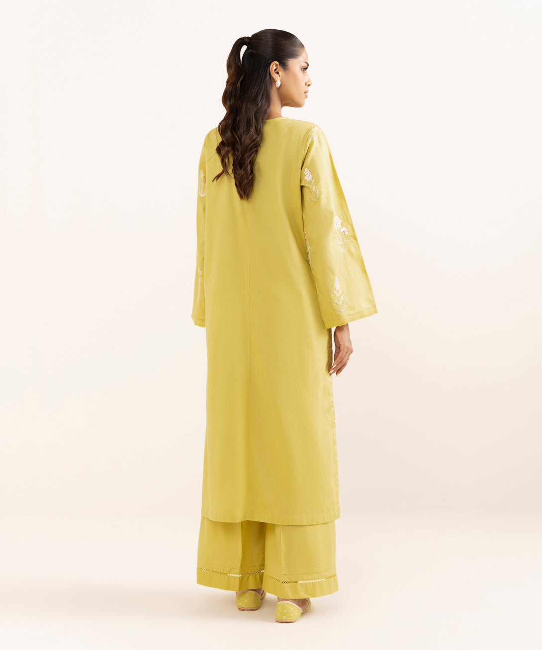 Women's RTW Cotton Jacquard Yellow Embroidered A-Line Shirt