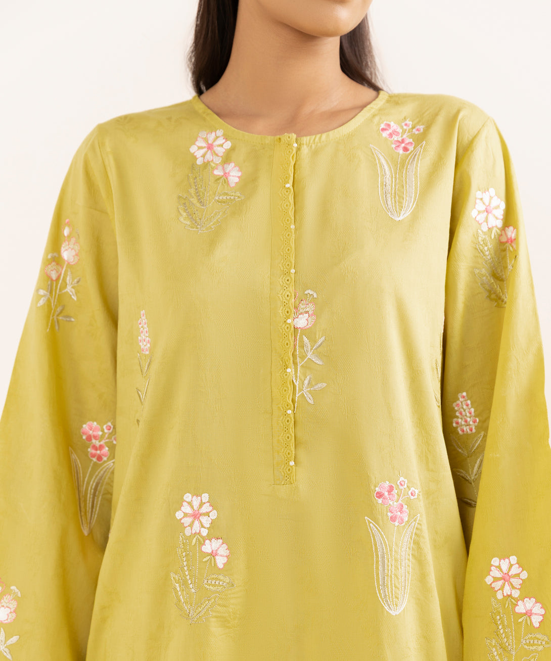 Women's RTW Cotton Jacquard Yellow Embroidered A-Line Shirt