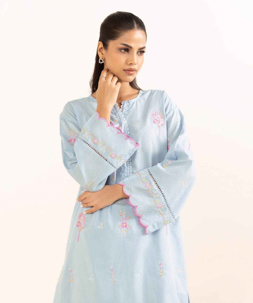 Women's RTW Cotton Jacquard Blue Embroidered Boxy Shirt