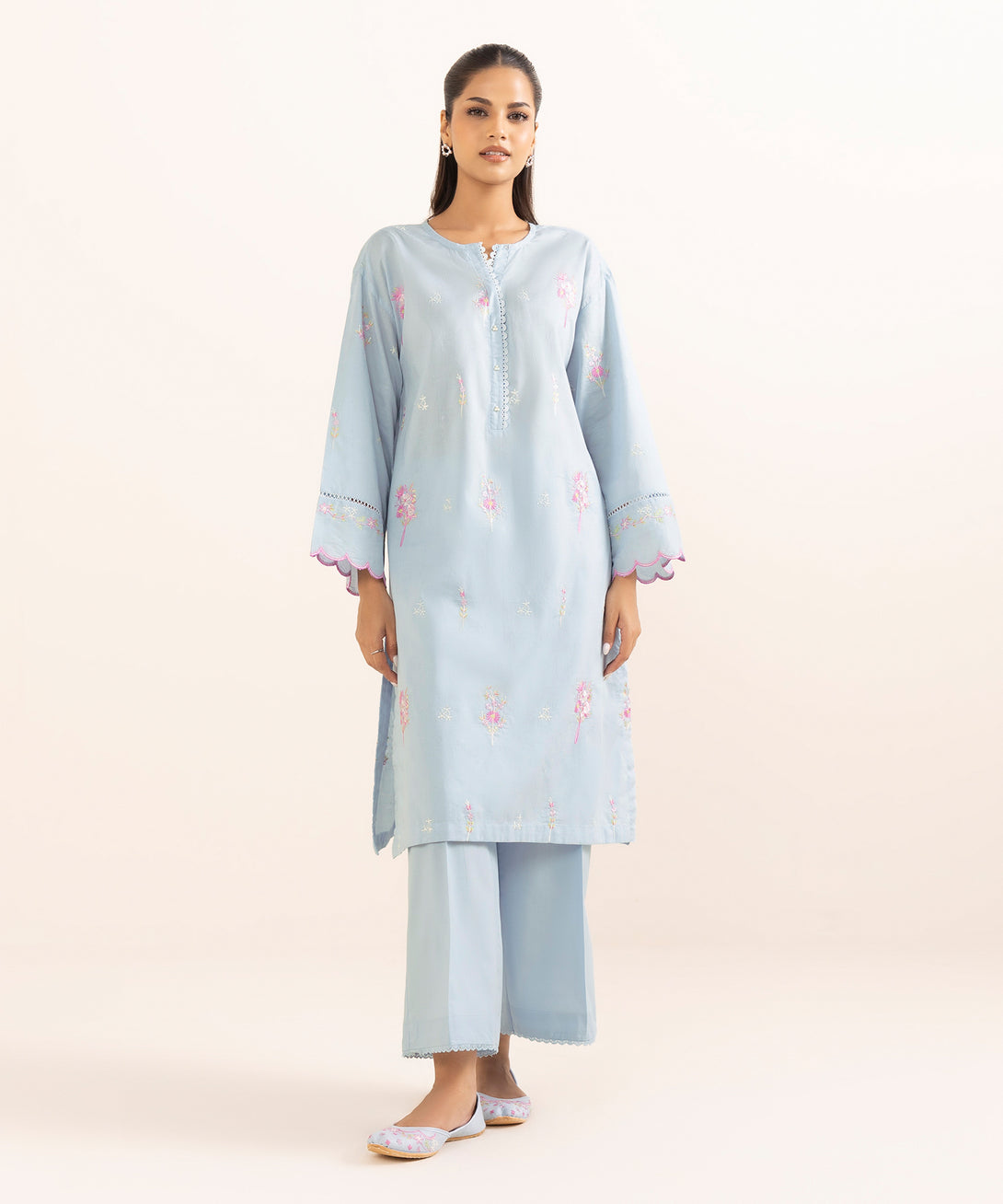 Women's RTW Cotton Jacquard Blue Embroidered Boxy Shirt