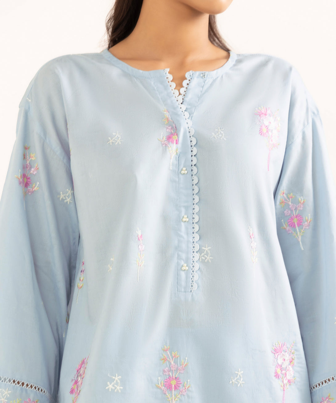 Women's RTW Cotton Jacquard Blue Embroidered Boxy Shirt