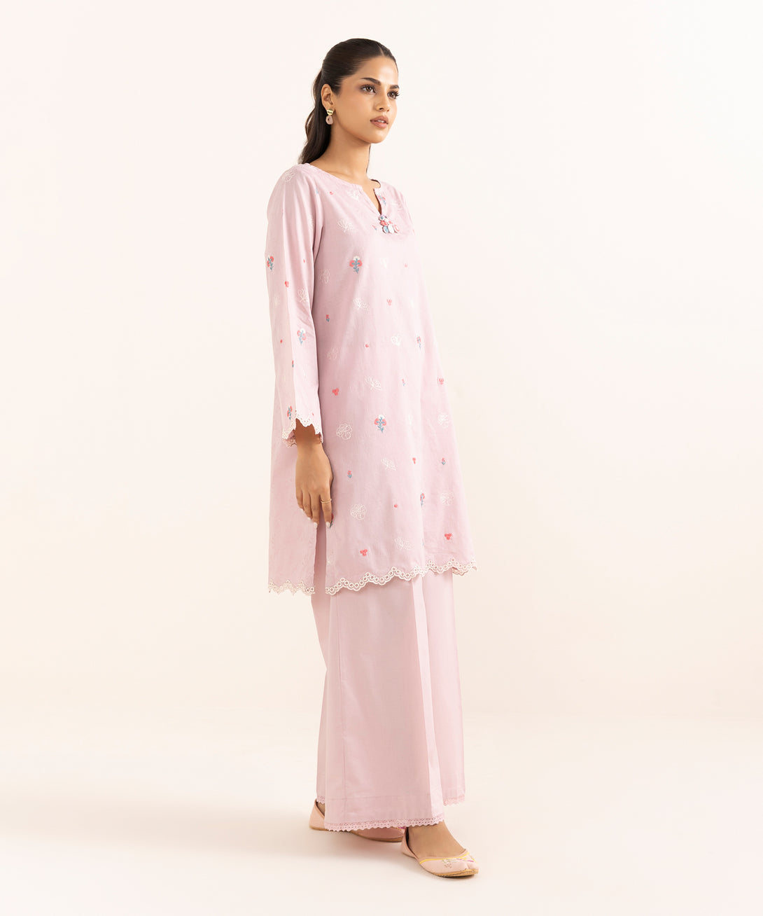 Women's RTW Cotton Jacquard Pink Embroidered A-Line Shirt